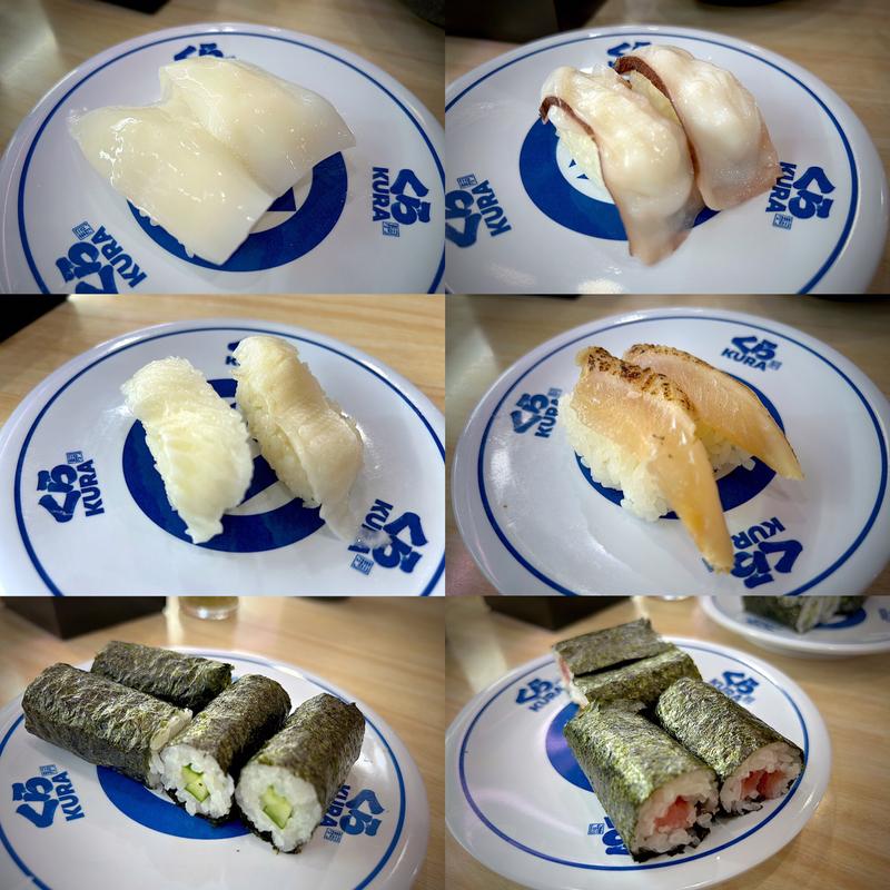 やりいか、生たこ、えんがわ(かれい)、活〆パンガシウス、きゅうり巻、鉄火巻(無添くら寿司 あすと長町店 )