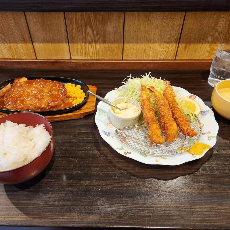 ハンバーグとエビフライ定食(はなみ)