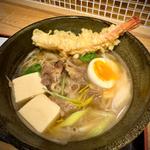 肉吸い蕎麦に海老天トッピング(石臼挽き十割蕎麦 八)