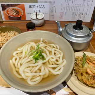 小海老のかき揚げうどん　かしわ飯（中）(峰のうどん)