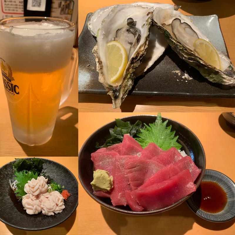 本マグロ丼、焼き牡蠣、たちポン他(魚と肉と酒 はまの優しさ)