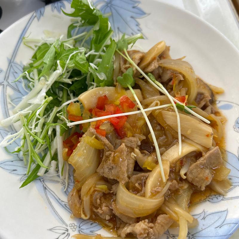 豚肉ときのこの生姜炒めサラダ風(札幌市役所地下食堂)