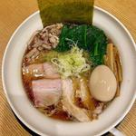 ほうれん草背脂そば 背脂抜き 煮卵(中華そばOKAMURA)