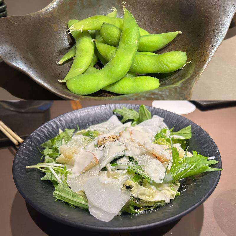 冬野菜とリンゴのサラダ、塩茹で枝豆(楽蔵 仙台青葉通り店 )