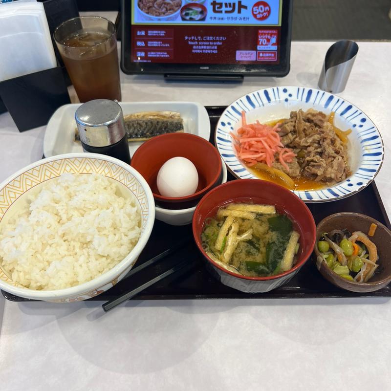 さばたまかけ朝食大盛　ミニ牛皿(すき家 高津野川店)