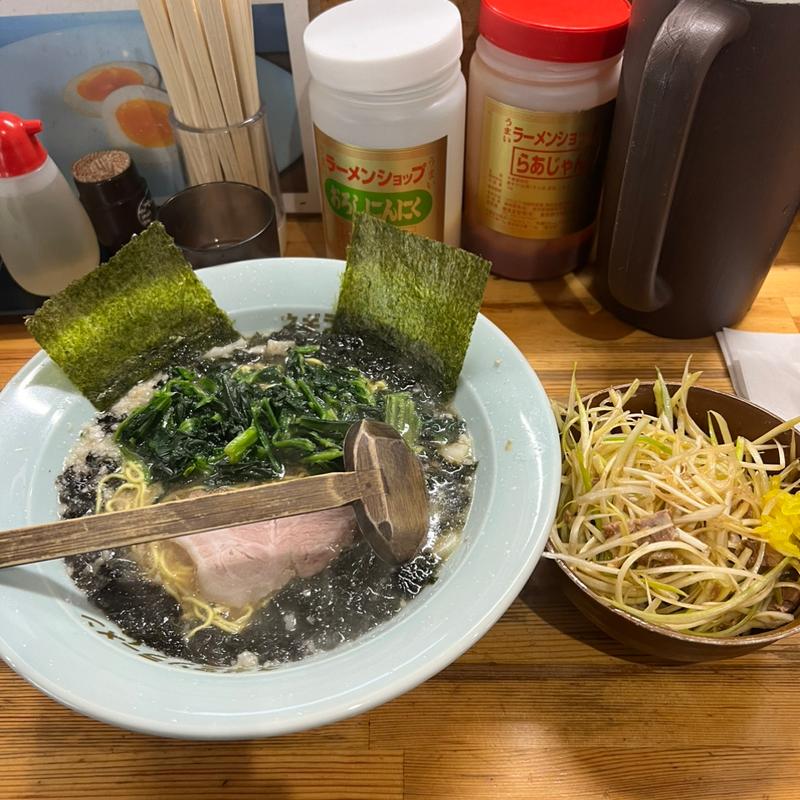 黒ばらのりラーメン　ほうれん草　ネギ丼(ラーメンショップ椿 上彦川戸店)