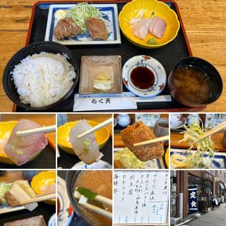 カンパチ刺、平目刺と地鶏唐揚げ定食