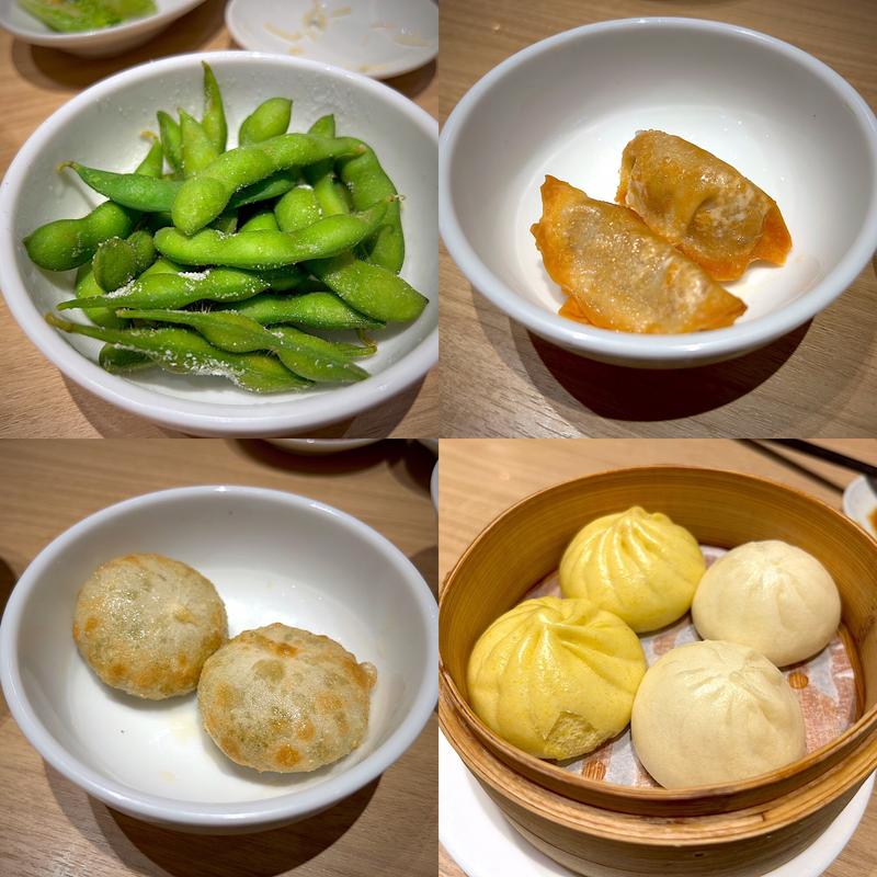 枝豆、揚げ餃子、揚げにらまんじゅう、豚まん＆カレーまん(九份小籠包 ララガーデン長町店)