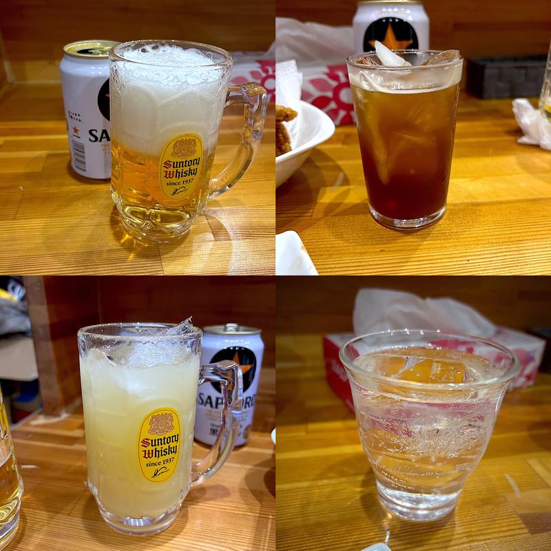 缶ビール、ご自愛サワー(養命酒レモンソーダ、青森リンゴサワー、だいやめのソーダ割り(ユカ)