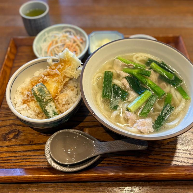 元気豚とあじさいねぎうどん(源平うどん)