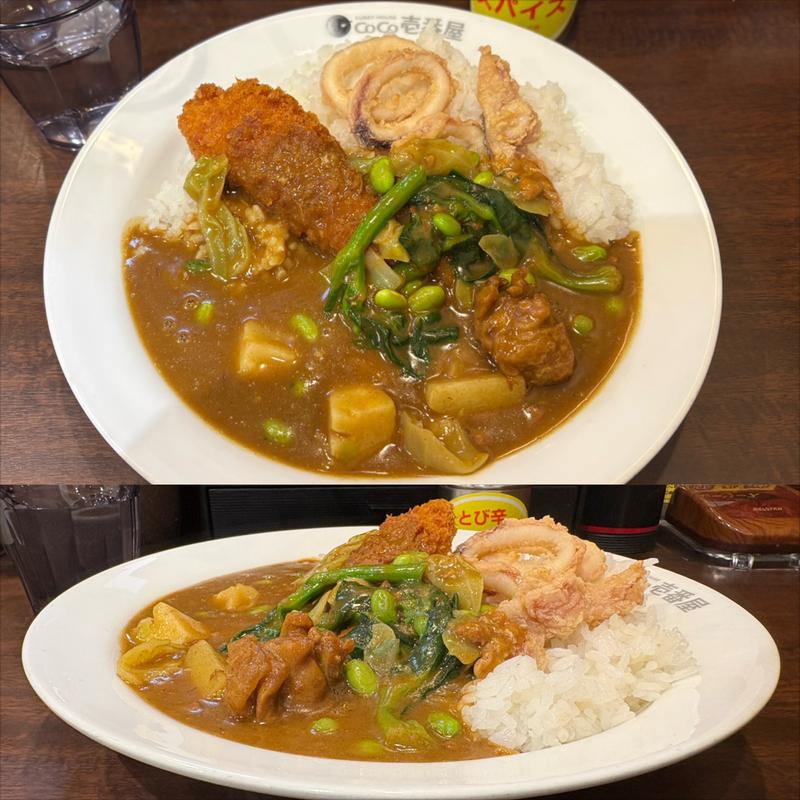 チキンと春の彩りカレー➕天然国産鮭フライ➕トッピング・ハーフイカ(CoCo壱番屋 本厚木駅前通店)