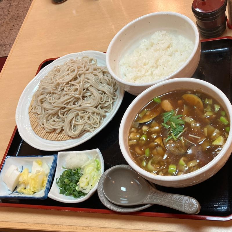 鳥となすのカレーせいろ+小ライス(満留賀そば )