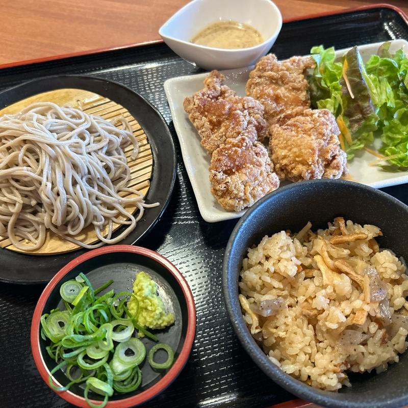 から揚げ定食（ミニざるそば、炊き込みご飯）(ひめそば 総本店)
