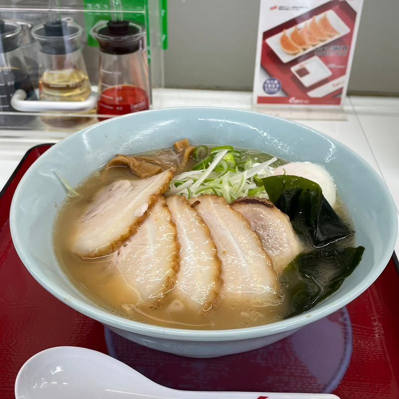 ねぎ中華チャーシューメン温泉たまごトッピング(くるまやラーメン 奥戸店)