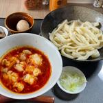 辛ホルモンつけ汁うどんホルモン増し味玉トッピング(ホルモンうどん 大袋出陣)