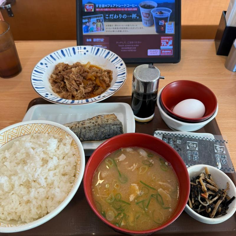 塩さばたまかけ朝食　豚汁変更　アイスコーヒーL(すき家 八潮西袋店)