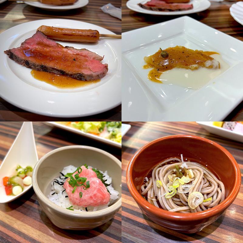 ローストビーフ グレイビーソース、舌平目のムニエル、洋梨とモッツァレラチーズのカプレーゼ、ネギトロ丼、蕎麦(スパリゾートハワイアンズ )