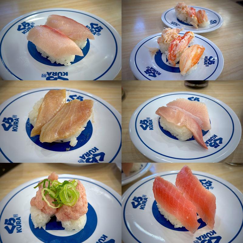 五島列島寒ぶり、本ズワイガニ三種盛り、梅漬け天然ぶり、オーガニックはまち、ねぎまぐろにぎり、ふり塩熟成まぐろ(無添くら寿司 あすと長町店 )