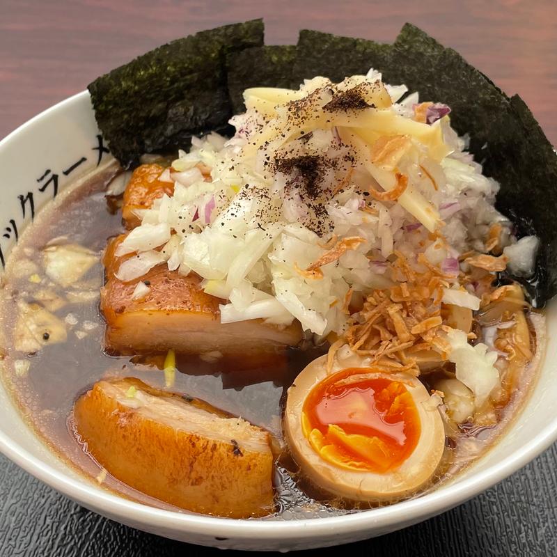 チャーシューメン薬味味玉海苔トッピング(市川ブラックラーメン 林遊船)
