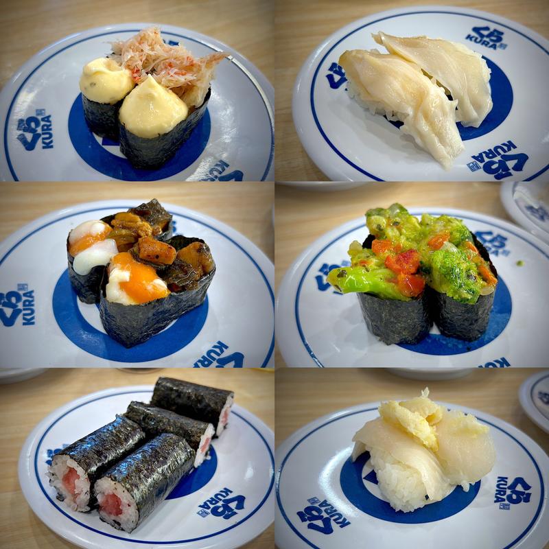 かにタルタル、つぶ貝、うな玉、ブロッコリーサラダ、鉄火巻、ゆずかれい(無添くら寿司 あすと長町店 )