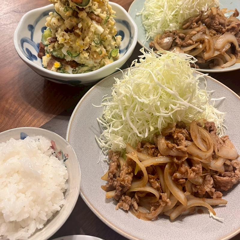 生姜焼きとカリカリベーコンのチョモランマポテサラ(自宅)