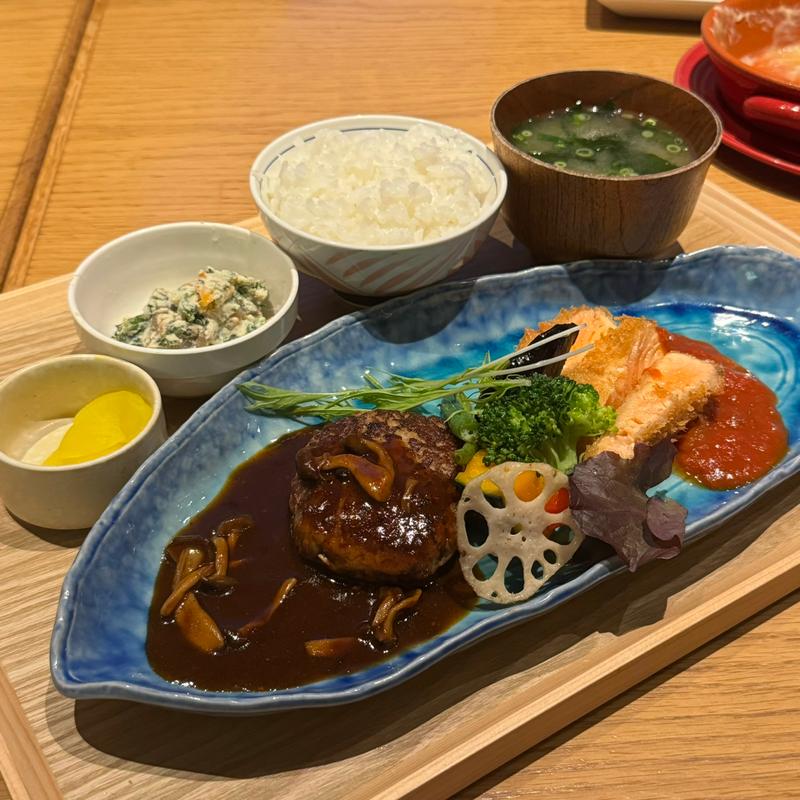 キングサーモンレアカツ ピリ辛トマトソースとデミハンバーグセット(お台所ふらり 栄スカイル店)