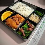 ホタルイカと菜の花のバターソテーと唐揚げ弁当