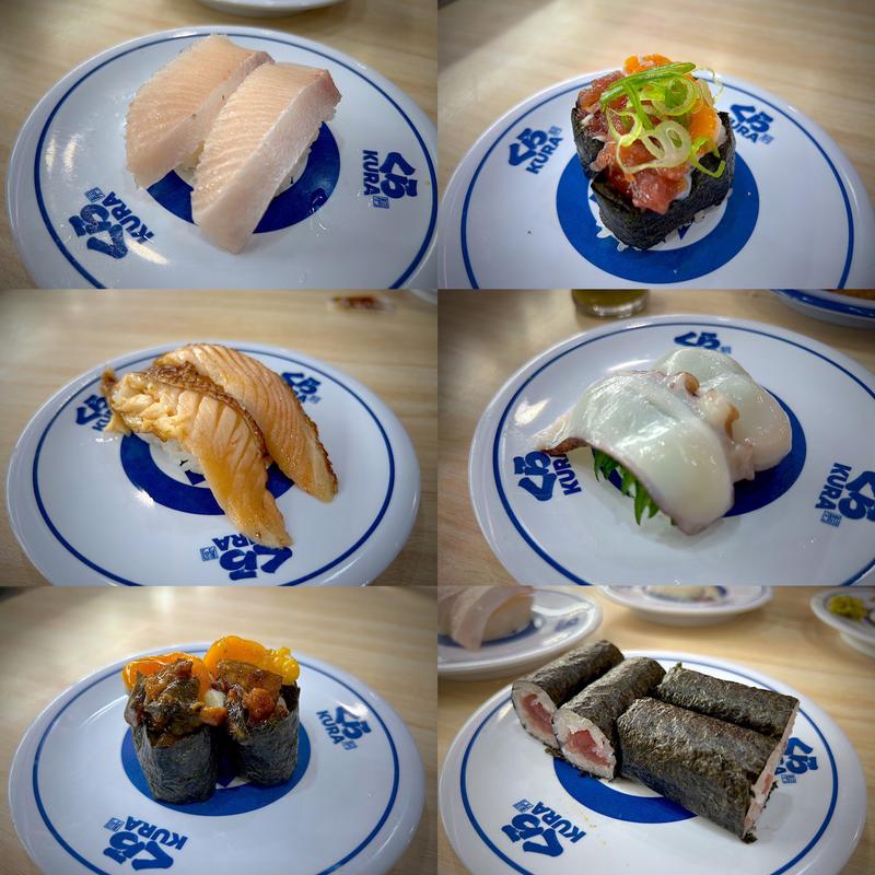 オーガニックはまち、まぐろユッケ、あぶり焼きはらす、大葉生たこ、うな玉、鉄火巻(無添くら寿司 あすと長町店 )