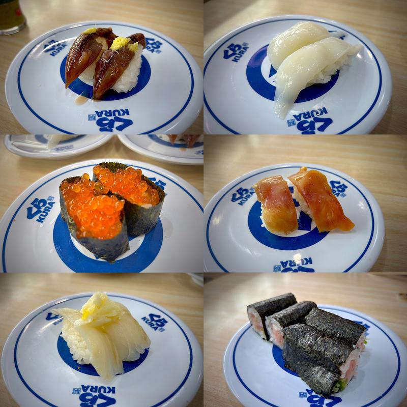 ほたるいか沖漬け、紋甲いか、塩いくら、肉厚赤貝、ゆずかれい、ねぎまぐろ鉄火(無添くら寿司 あすと長町店 )