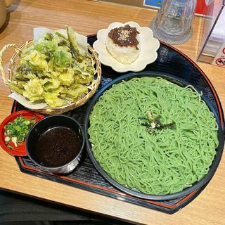 ふきのとうと野沢菜漬けの天ざるSoba 大盛り御膳 野沢菜漬けてんぷ追加×2
