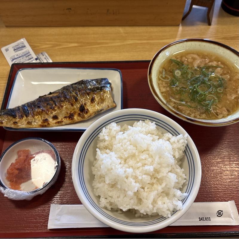 ご飯　豚汁　明太子　鯖塩焼(まいどおおきに食堂 三郷たかの食堂)
