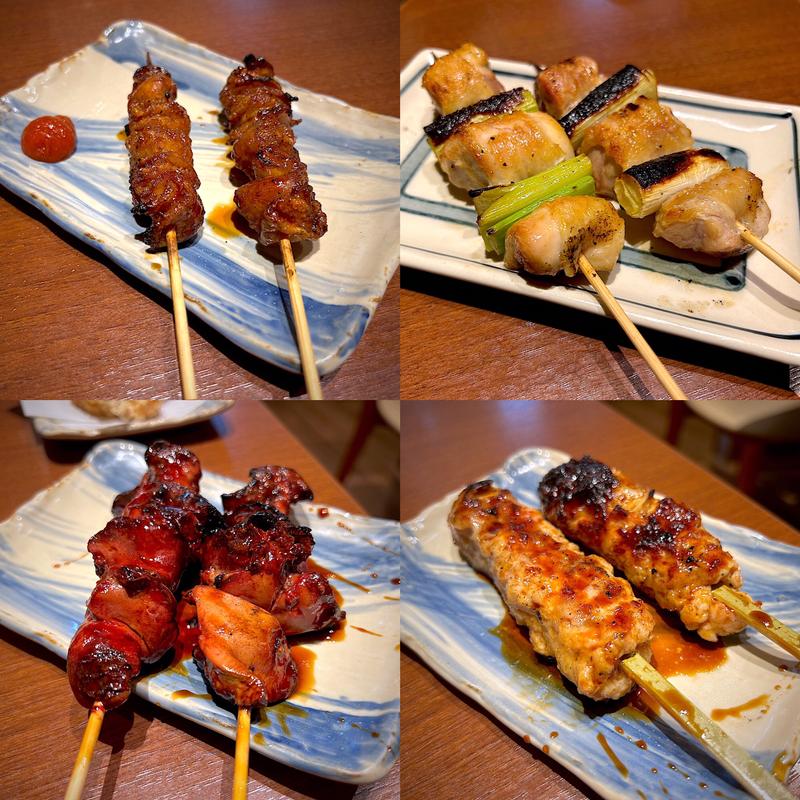 秋田竿燈かわ串、純和鶏ねぎま、菜彩鶏レバー、自家製手ごねつくね(酉や喜兵衛分店 とりかわ長兵衛)