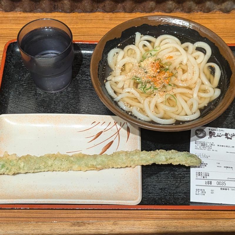 かけうどん大、さぬきのめざね天ぷら(本場さぬきうどん 親父の製麺所 上野店)