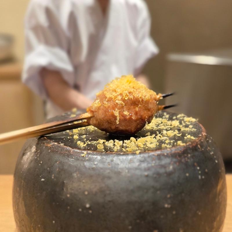 鴨と鶏のブレンド つくね(焼鳥 心伯 西天満)