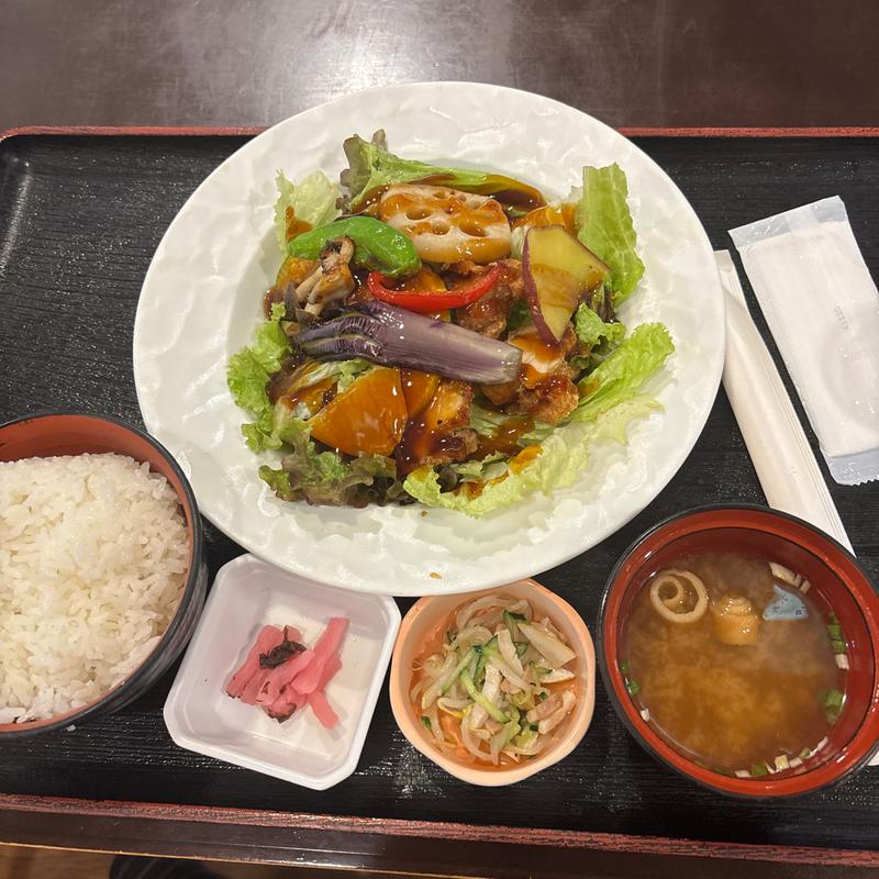 鶏唐揚げの黒酢あんかけ定食(笑福の湯)