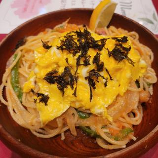 イベリコ豚の辛子明太子スパゲッティ ふわとろスクランブルエッグのせ