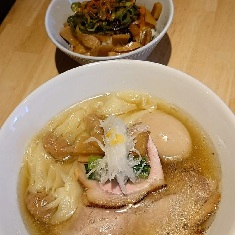 特製手揉みそば 塩 辣油とネギ塩メンマご飯(麦処 八と丁)