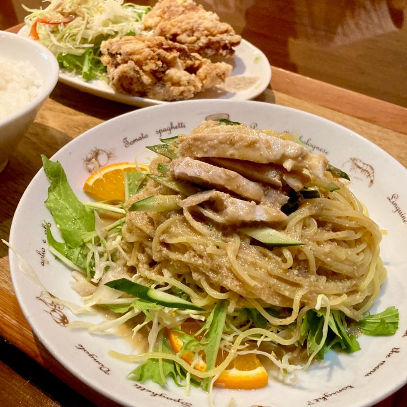 冷麺定食(ゴマダレ)鶏の唐揚げ、ライス(蒲生中華信)
