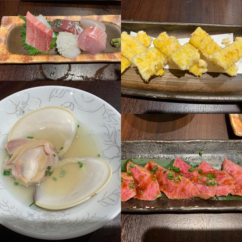 とうもろこしの天ぷら、イチボの炙り、お造り盛り合わせ他(伊賀屋)