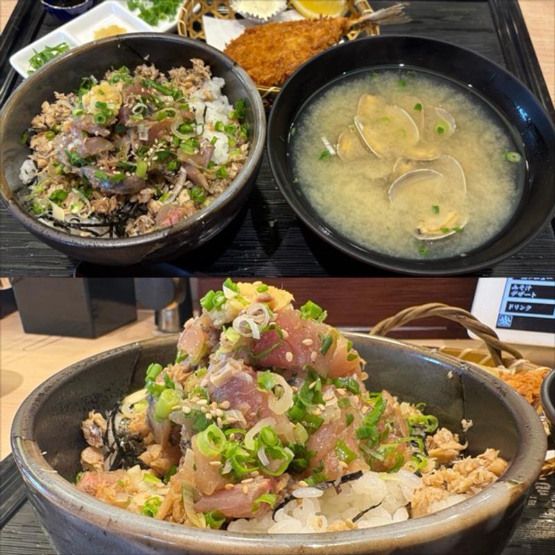 あじ丼・あさり汁・あじフライ(回転寿司 沼津すし之助 青葉台店)