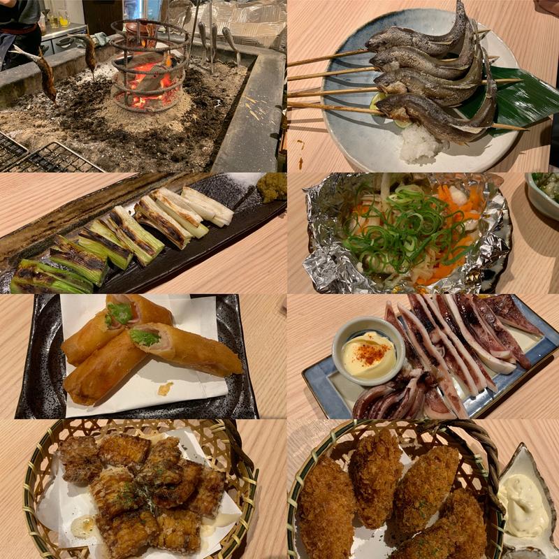 鮎の原始焼きほか(原始炭焼き 濱いち 京都駅前店)