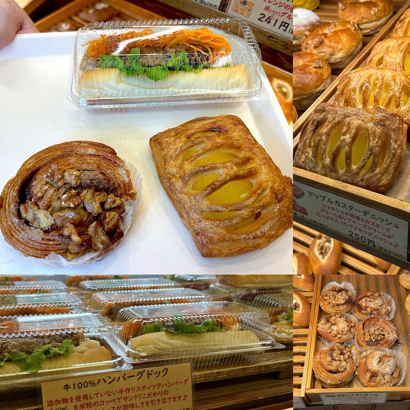 牛100%ハンバーグドック、アップルカスターデニッシュ、濃厚シナモンロール(モナモナ 河原町店 （MonaMona）)