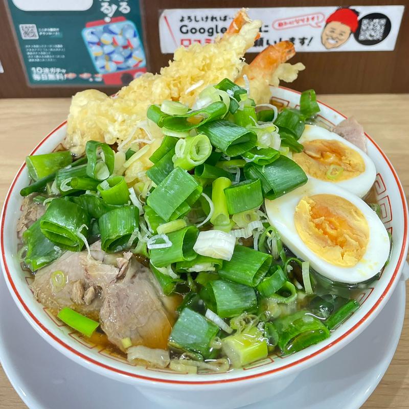 諭吉チャーシュー麺 ＋ゆで卵＋ ネギ増し＋ エビ天x2(諭吉そば Yukichi Soba（旧店名：自家製麺そばっちゃん）)