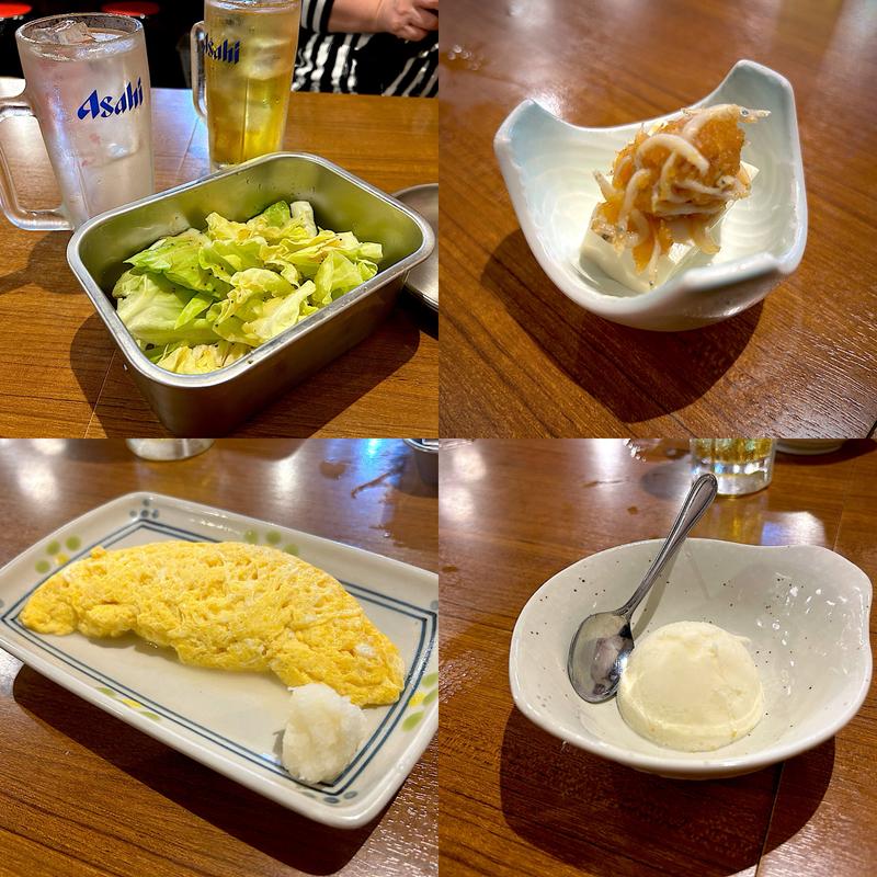 塩ダレキャベツ、しらすおろし冷奴、玉子焼き、ゆずシャーベット(串揚げじゅらく アメ横店)