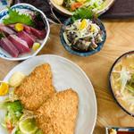 アジフライ 鰹刺し 鮪の皮ポン酢 あら汁