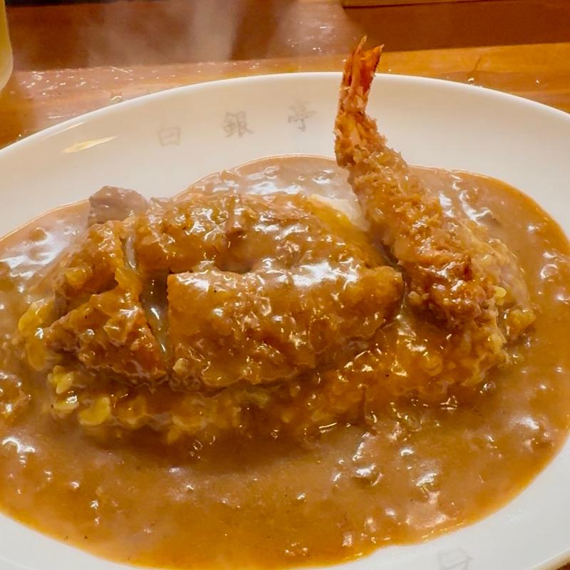 ヒレ豚カツカレーエビフライトッピング(白銀亭)
