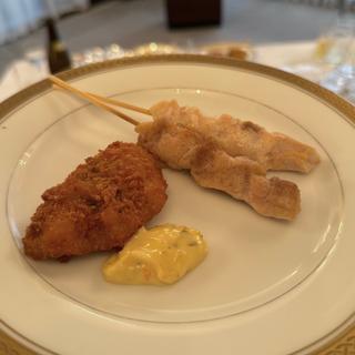串焼き、白身魚フライ