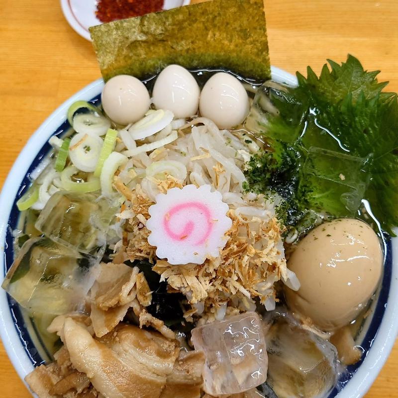 豚しゃぶ冷かけ 並 まさお3個 辛味付き(らーめん 護什番)