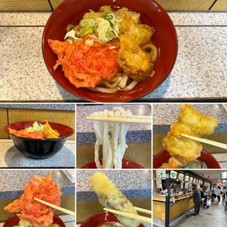 冷やしうどんにちくわ天、塩とり天、紅生姜天