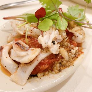 イカスミ焼きリゾット水イカのソテーガーリックトマトソース
